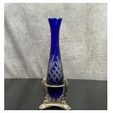 GODINGER cobalt cut to clear vase with stand
