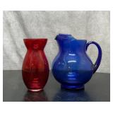 Lg cobalt picture, and Ruby red vase 9 inches
