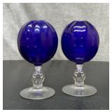 2 Cambridge glass, cobalt keyhole, ivy ball vases