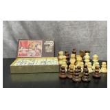 Vintage dominoes and chess pieces