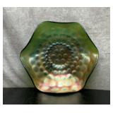 Fenton green stippled coin.carnival glass bowl
