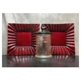 2 large red platters, rooster canister15