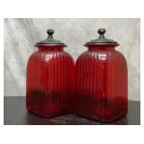 2 large, ruby red canisters 13 inches