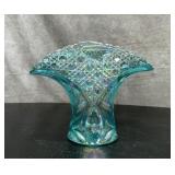 L.E.SMITH AQUA IRIDESCENT FAN VASE 8