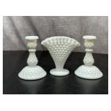 Fenton hobnail milk glass fan vase, candlesticks