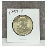 1957P Ben Franklin silver half dollar