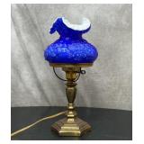RARE FENTON LAMP BLUE POPPY BRASS VASE
