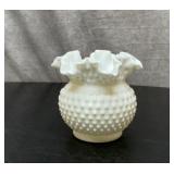 Fenton white hobnail ruffled rose vase 6