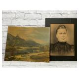 Antique portrait and pastoral print