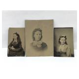 3 Antique Tin Type young lady portraits 4''