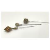 3 antique hat pins 4''