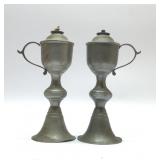 Pair of antique whale oil lamps, pewter 9''