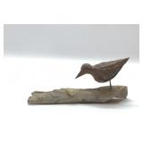 Carved shorebird on driftwood 7''