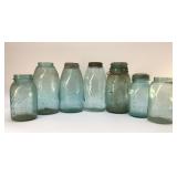 7 assorted blue mason jars 9''