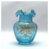 Antique blue ruffled oil lamp, shade 8''