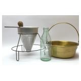 Brass 12'' pot, kitchen strainer, and a milk