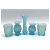 5 FENTON AQUA HOBNAIL VASES, GLASSES