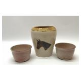 Backpack pottery horse vase, 2 SEAGROVE bowls