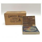 VTG cannonball tobacco box, Piedmont beer blocks