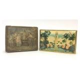 2 Vintage Scenic Gold Tone Rectangular Tin Boxes