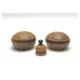 WOOD TURNED PAPERWEIGHTS & SNUFF BOTTLE