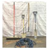 ASSORTED YARD GARDEN TOOLS & ROPE