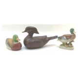 Duck decoy, and two bisque ducks