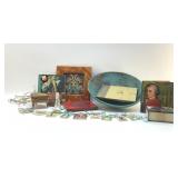 Pottery bowl, framed art, trinkets