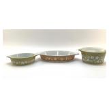 3  PYREX CASSEROLES CRAZY DAISY, EARLY AMERICAN