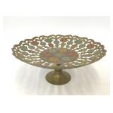 VTG BRASS PEDESTAL BOWL COLORFUL FLOWERS