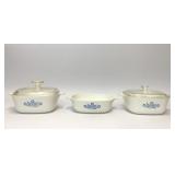 3 VTG CORNING BLUE CORNFLOWER CASSEROLE DISHES