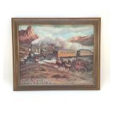 1970S FRAMED WESTERN ART "AT THE CROSSROADS "