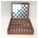 MIRRORED GLASS TOP CHESS & BACKGAMMON SET