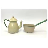 VTG CREAM GREEN ENAMEL COFFEE POT SAUCE PAN