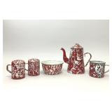 5 PIECES VTG RED WHITE GRANITEWARE COFFEE S&P MUG