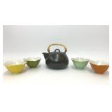 BLACK CERAMIC TEAPOT & 4 VTG JAPAN LOTUS BOWLS