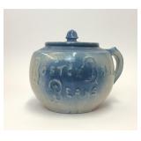ANTIQUE BLUE STONEWARE BOSTON BAKED BEANS POT