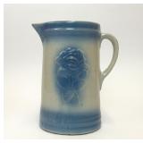ANTIQUE BLUE WHITE STONEWARE ROSE PITCHER