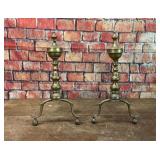 ANTIQUE PAIR BRASS FIREPLACE ANDIRONS