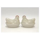 2 VTG MILK GLASS HEN ON A NEST TRINKET DISHES