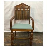 VTG ORNATE WOODEN ARMCHAIR BLUE SEAT