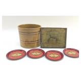 ANTIQUE YELLOWARE CROCK, CHEERWINE COASTERS, CAMEL