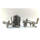 GRANITEWARE COFFEE POT, GRINDER, BEATER