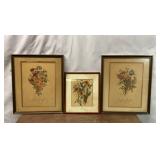 3 PIECES FRAMED VINTAGE FLORAL ART PRINTS