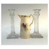 ETCHED CANDLESTICKS, CARDINAL PITCHER