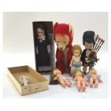 VTG DOLLS AMISH, BAGPIPER, FOX