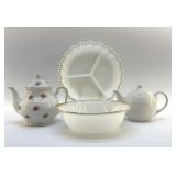 MILK GLASS TABLEWARE, TEA POTS