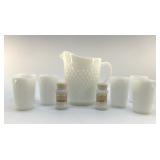 MILK GLASS HOBNAIL TEA SET AND SPICE JARS