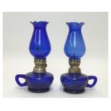 PAIR VTG COBALT BLUE GLASS OIL FINGER LAMPS