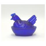 VTG COBALT BLUE GLASS HEN ON NEST TRINKET DISH